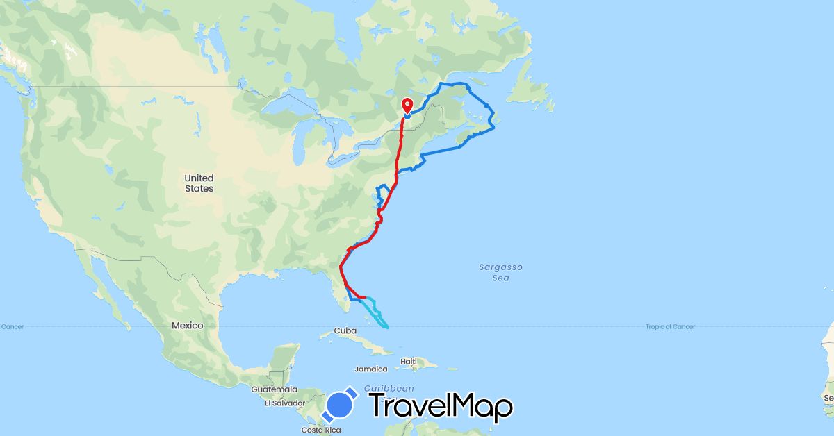 TravelMap itinerary: driving, aller, retour, bahamas in Bahamas, Canada, United States (North America)